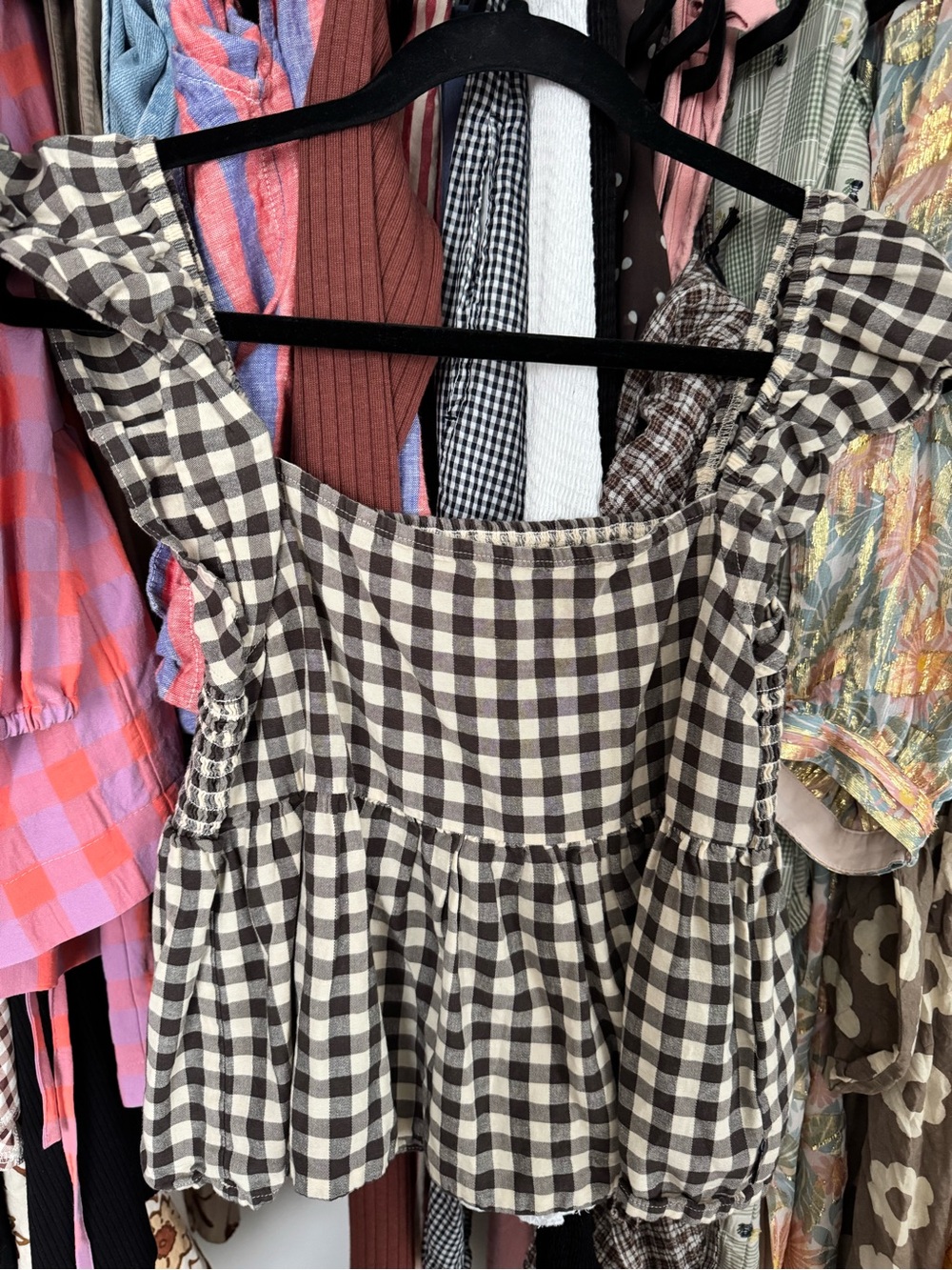 Afends Brown and Cream Gingham Ruffle Sleeve Top